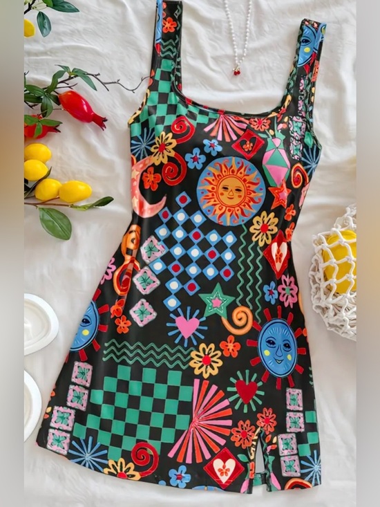 Dresses & Skirts - Women’s Black Multicolor Printed Square-Neck Dress